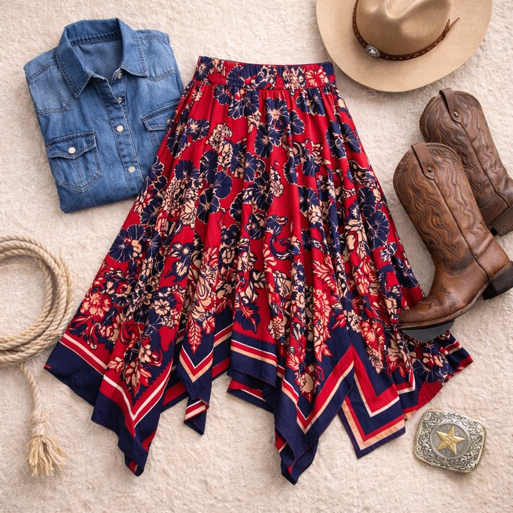 Denim 24/7 Red Floral Handkerchief Hem Skirt – 28W Petite - Picture 2 of 12